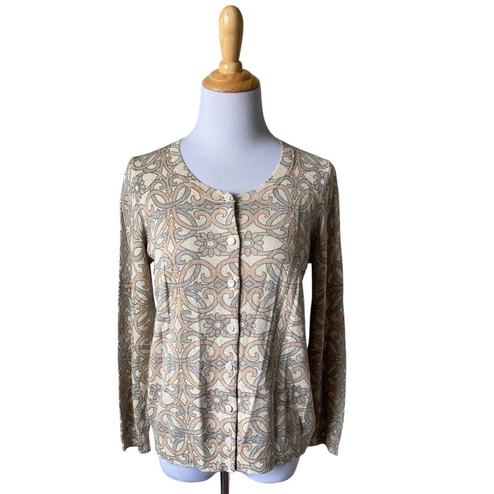 Talbots Black Label Gold Metallic Scroll and Floral Cardigan Sz L Petite NWT